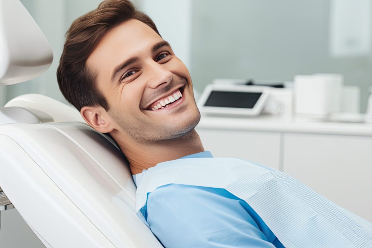 Young man at the dentist receiving dental care with empty background